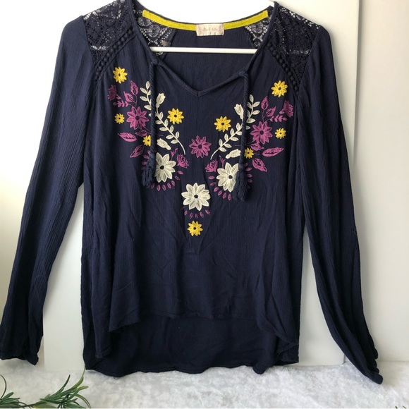 Altar State Embroidered Floral Design, Long Sleeve, Navy Blue - Picture 1 of 4